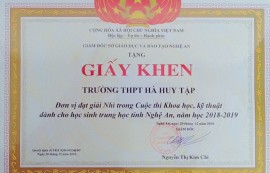 Trường THPT Hà Huy Tập đạt thành tích xuất sắc trong cuộc thi  khoa học kỹ thuật học sinh trung học cấp Tỉnh năm học 2018-2019